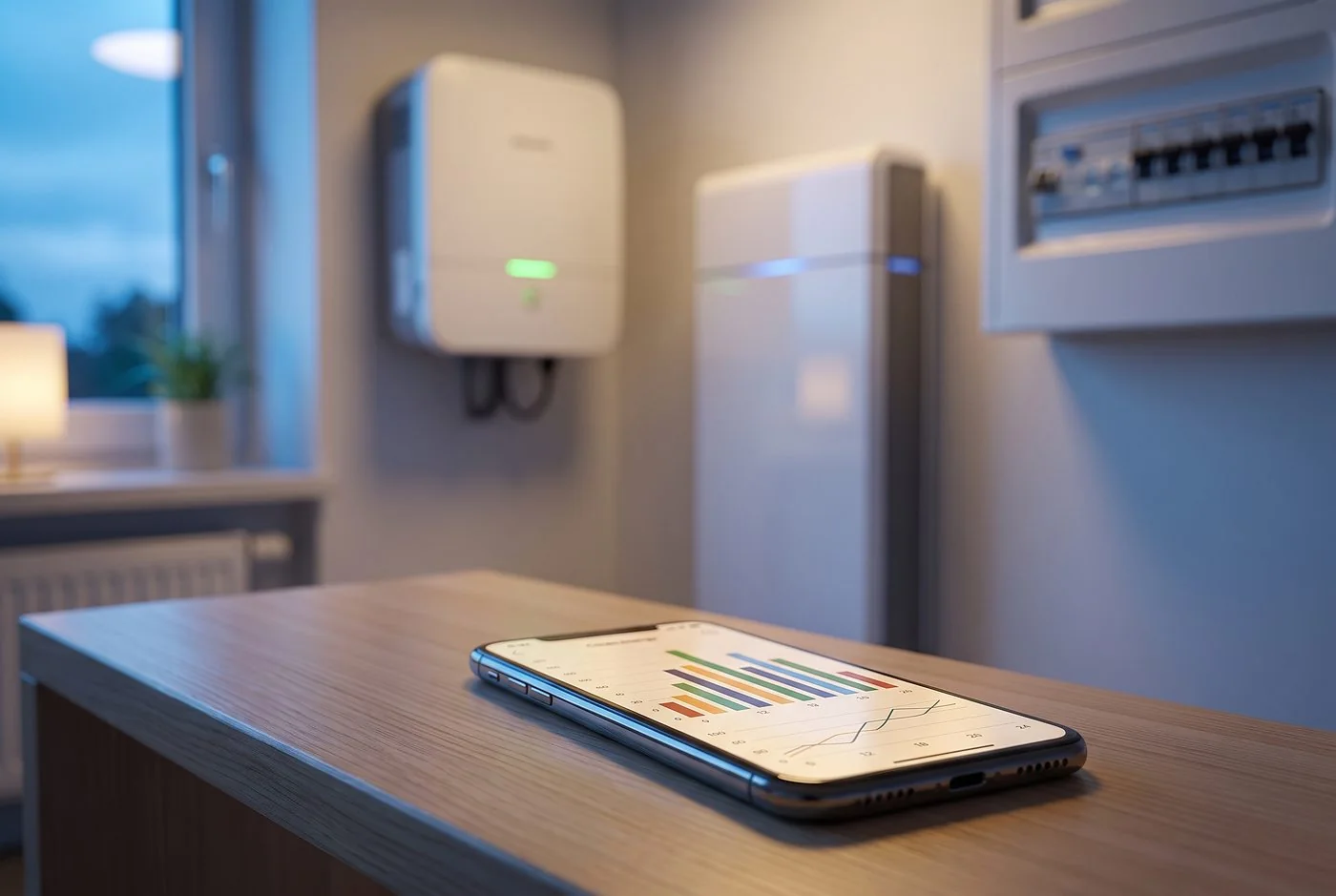 Smartphone mit einer Übersicht der stündlichen Strompreise, im Hintergrund unscharf Wechselrichter, Batteriespeicher und Unterverteilung