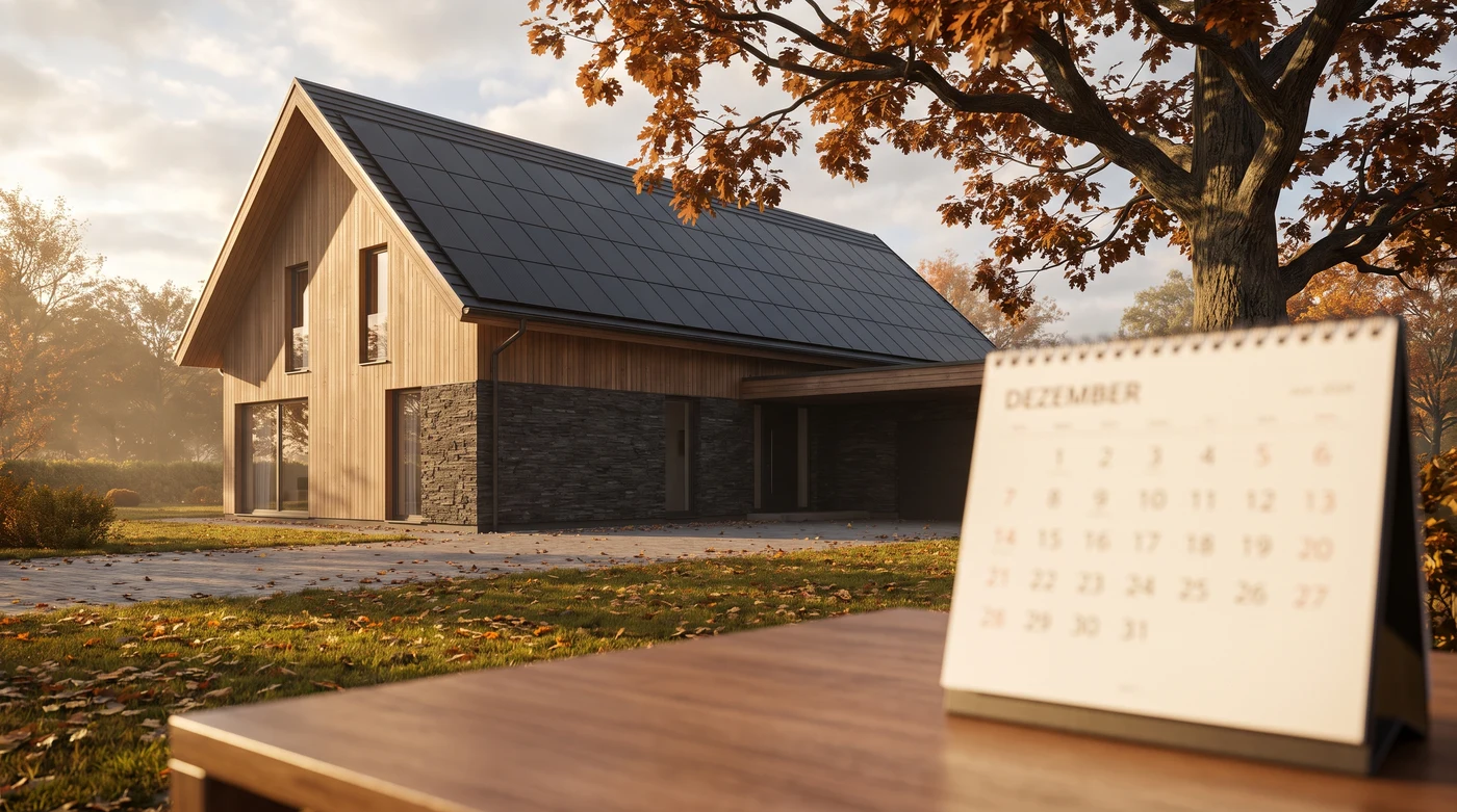 Einfamilienhaus mit Solaranlage auf dem Dach im herbstlichen Licht, im Vordergrund unscharf ein Kalender