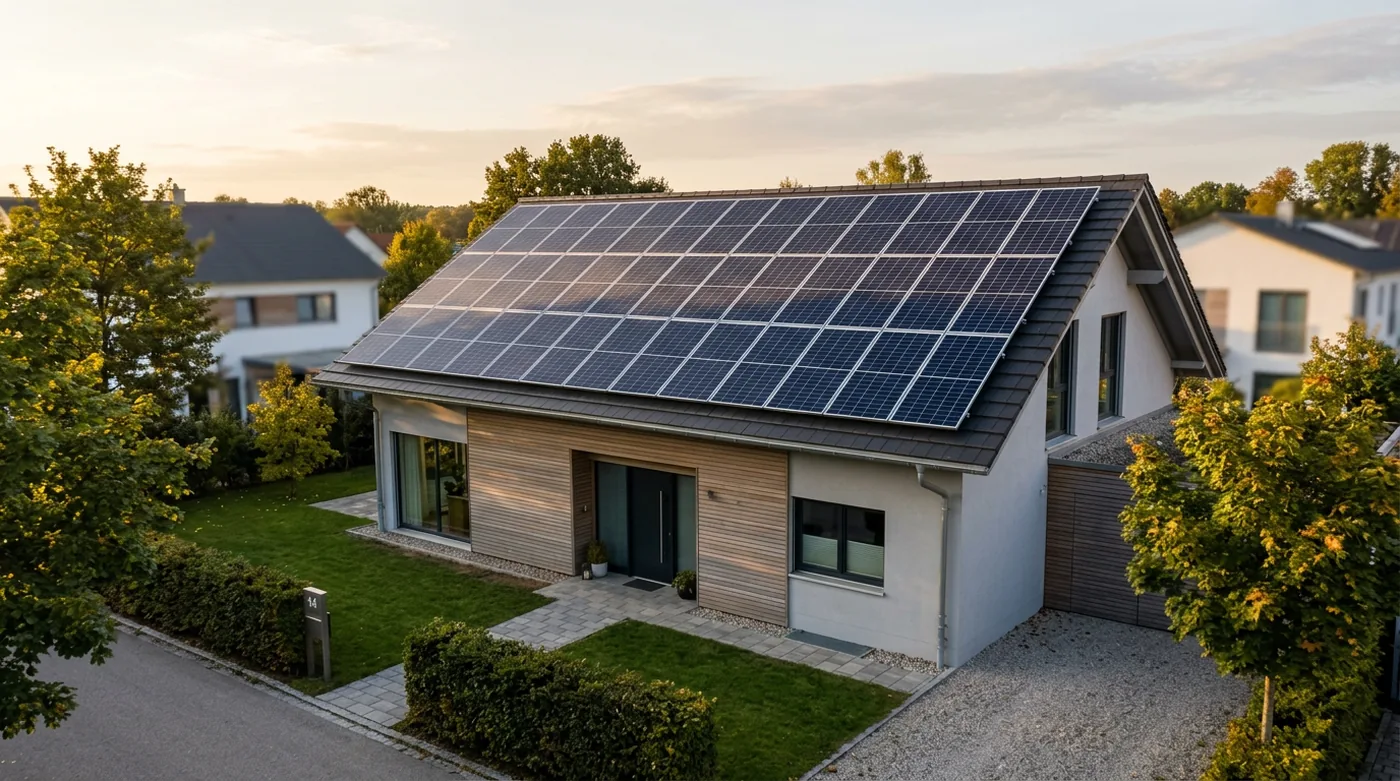 Einfamilienhaus mit Satteldach, vollflächig mit Solarmodulen belegt, aufgenommen im warmen Abendlicht