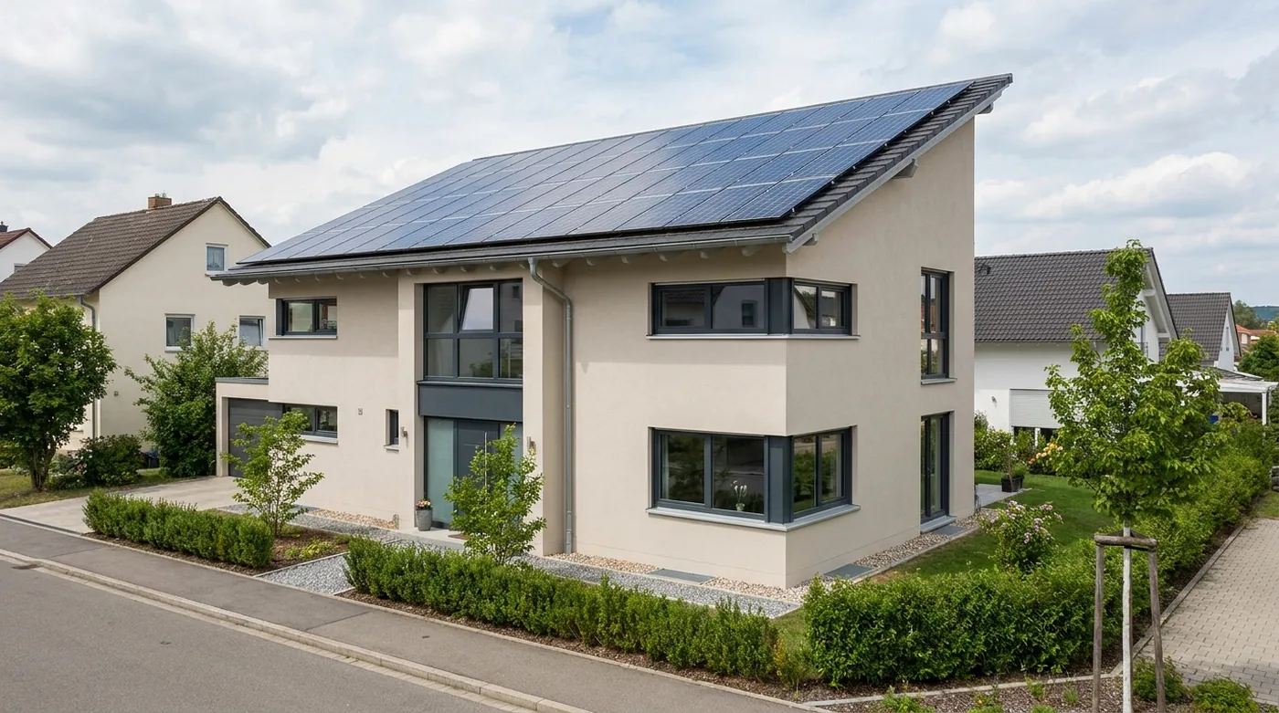 Modernes Einfamilienhaus mit Pultdach, die geneigte Dachfläche vollständig mit Solarmodulen belegt
