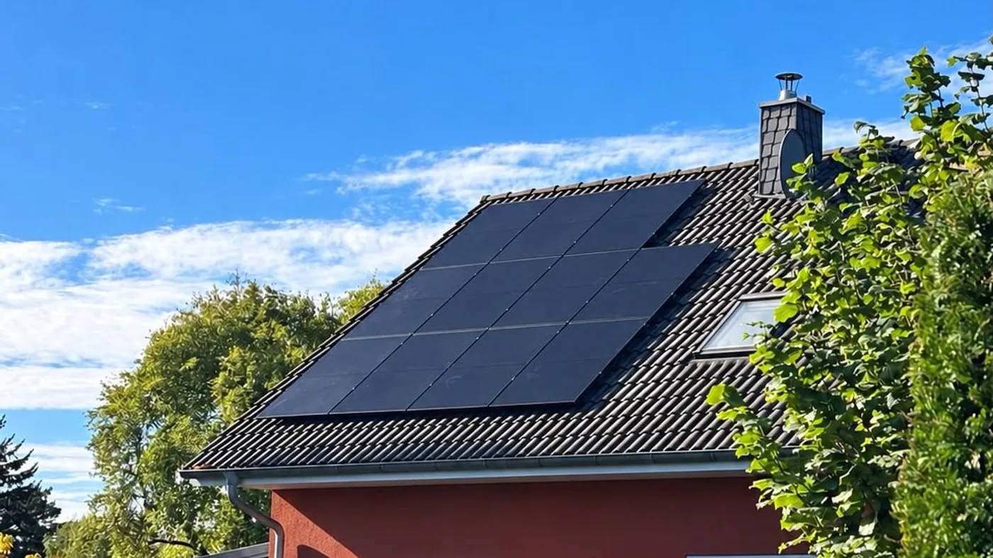 Einfamilienhaus mit Satteldach voller Solarmodule vor strahlend blauem Himmel mit vereinzelten Schleierwolken