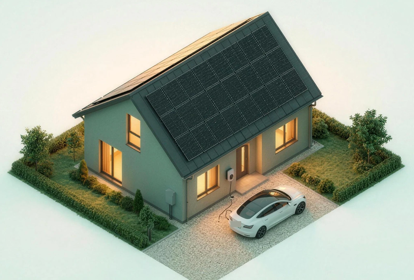 Illustration eines Einfamilienhauses mit Photovoltaikanlage auf dem Dach, Wallbox mit E-Auto in der Einfahrt und Zählerkasten an der Fassade