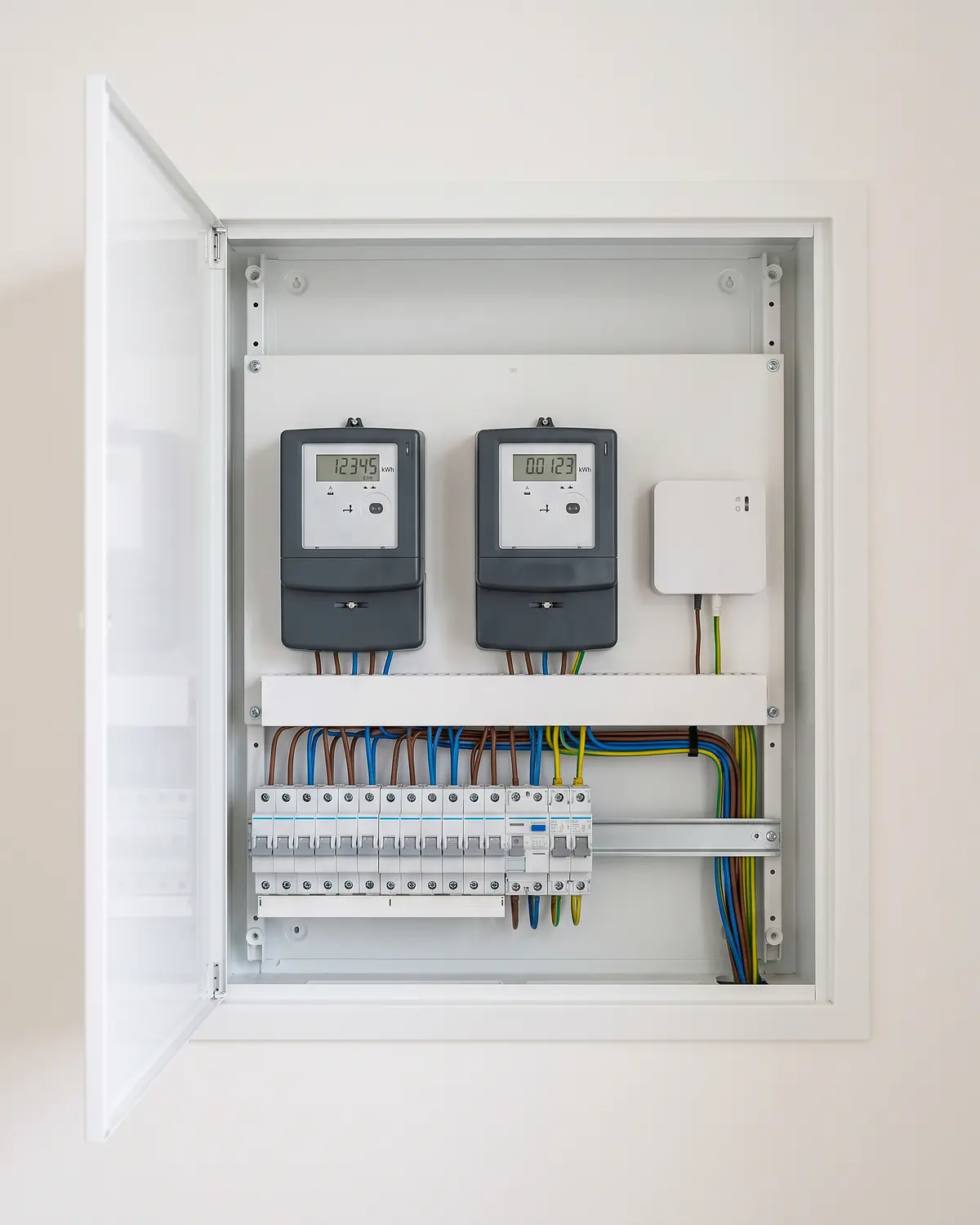 Geöffneter Zählerschrank mit zwei digitalen Stromzählern, Smart-Meter-Gateway und einer Reihe moderner Sicherungsautomaten